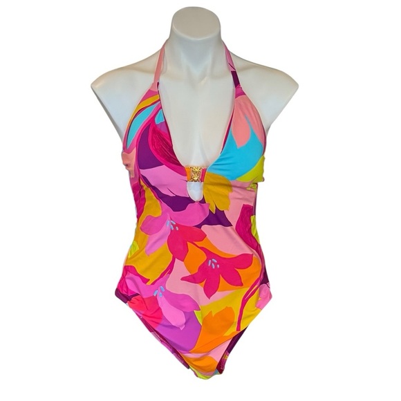 TRINA TURK Lilleth Halter Plunge Multicolor One Piece Swimsuit Size 12 NEW - Picture 3 of 9